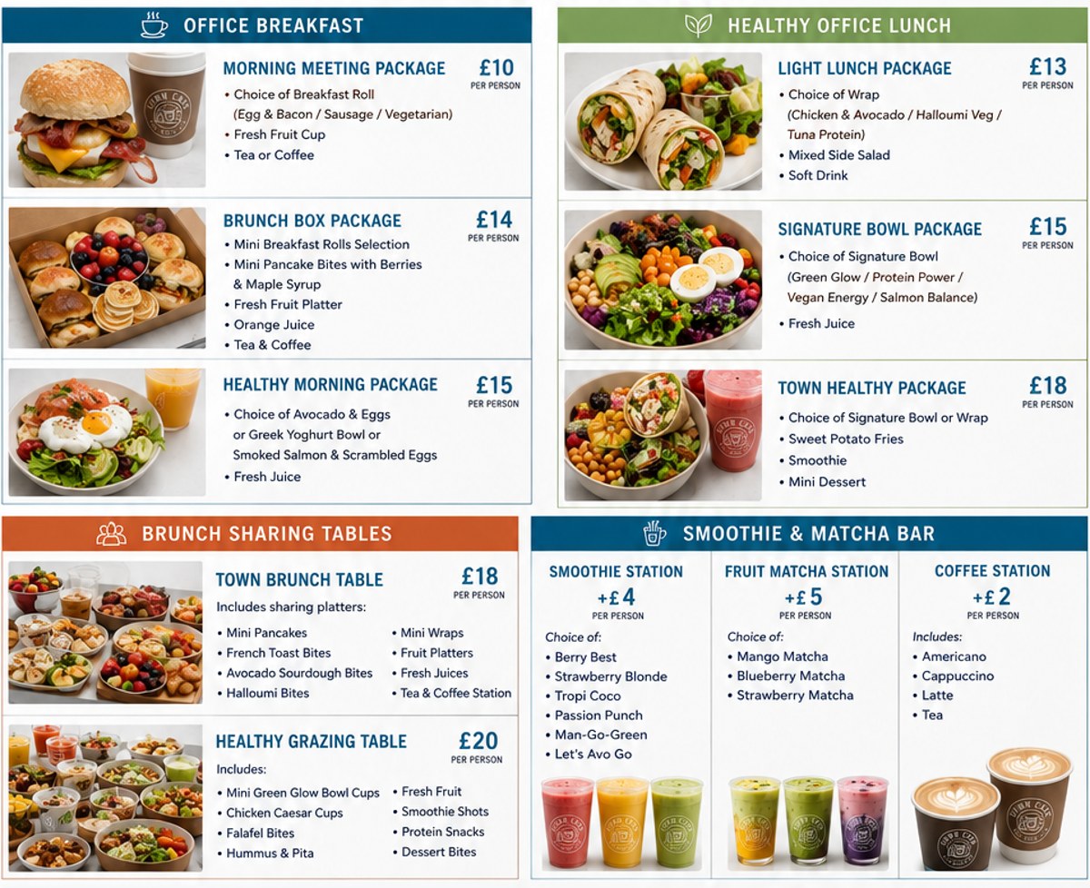 Town Cafe catering package menu showing breakfast, lunch, brunch, smoothie and coffee options