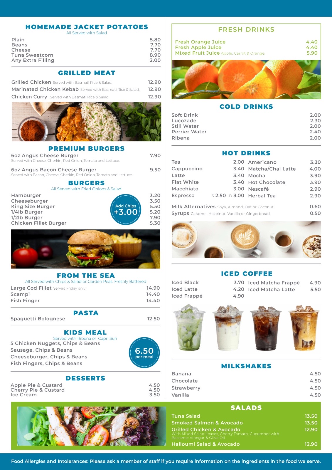 Town Cafe menu board with jacket potatoes, grills, burgers, drinks and salads