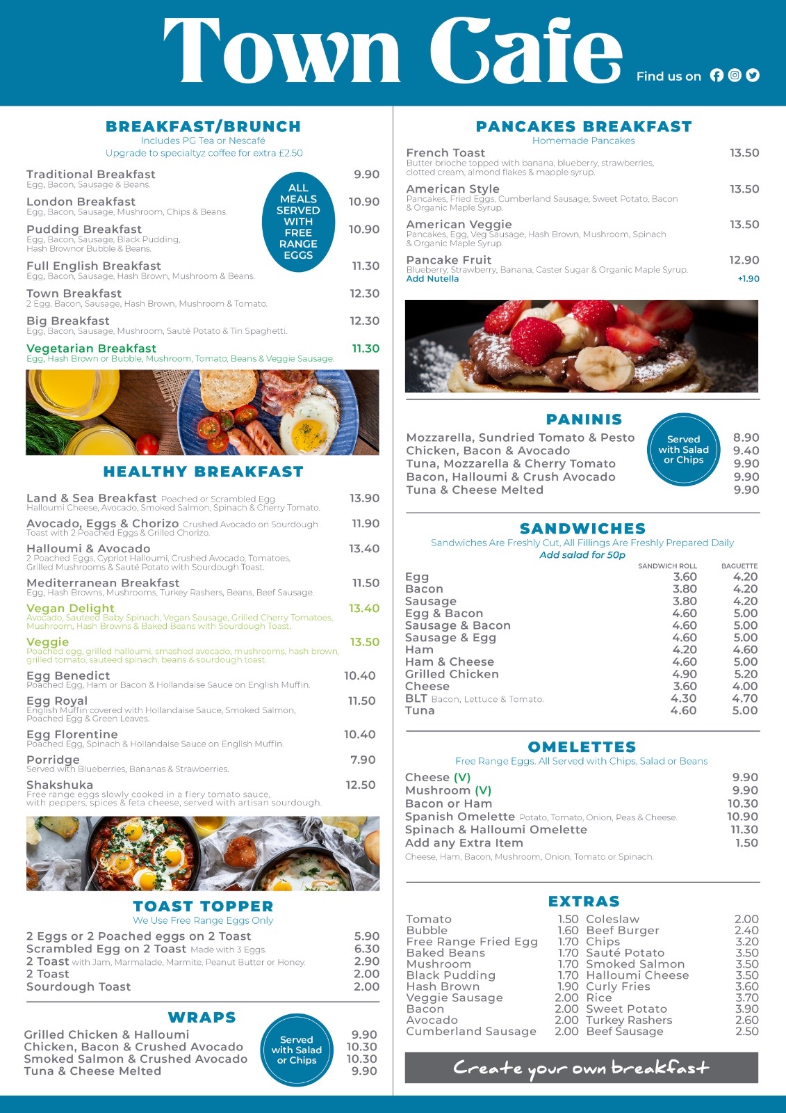 Town Cafe breakfast and brunch menu board